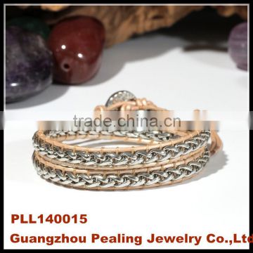 (PLL140015)Leather Braided With Copper Chain Bracelet Two Wraps Jewelry Type