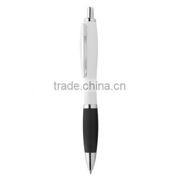 Popular white promotional pen with coloured rubber grip ans shiny chrome parts