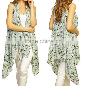 Summer Beach Wear Sleeveless Sexy Vest Flower Printed Cover up Lady Kimono Style Polyester Vintage Boho Clothing