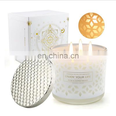 Wholesale Private Label Luxury Glass Jar Candles 3 Wick Home Decoration 100% Soy Wax Scented Candle With Lid
