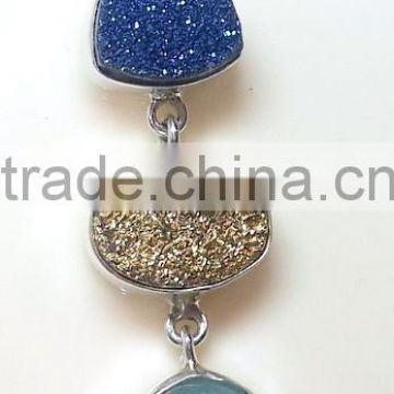 Coated Druzy Blue & Gold Multistone Pendant, 925 Sterling Silver Pendant, Druzy Gemstone Pendants