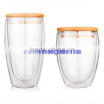 double wall glass coffee cup with wood lid