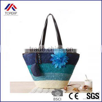 Knitted Summer flower Bohemia fashion women color stripes shoulder beach big tote bags