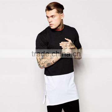2015 Mens long tee shirt 100% cotton short sleeve long tee shirt with panelling and side zips