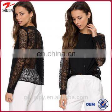 long sleeves black lace fashion blouses 2015