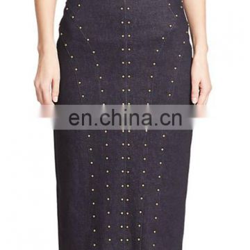 2015 Fashionable style denim short jeans lady's latest slim fit studded denim pencil skirt wholesale OEM