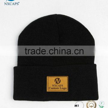 Factory cheap easy knitting pattens winter hats with leather patch