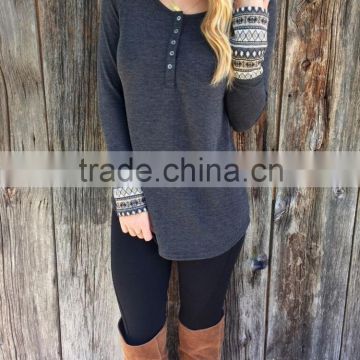 2016 Autumn Hot Sale Women Long Sleeve T-Shirt Gray Classic Print Ladies Blouse DMT-T08