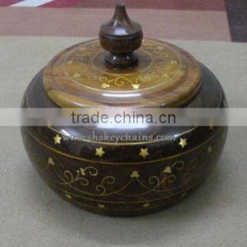 Wooden Hand Carved Bowl with Lid with Brass Work