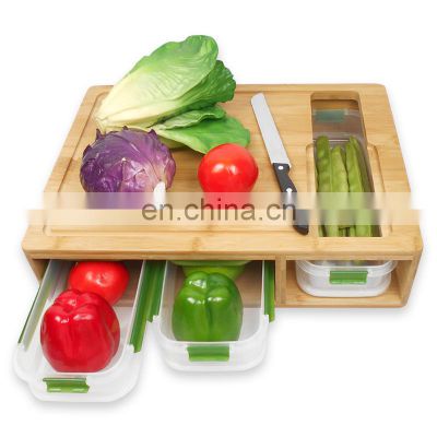 Bamboo Cutting Board Juice Groove With 3 Drawer Tray And Locking Lid