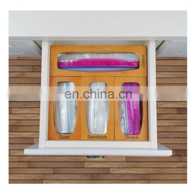 Elegant Kitchen Food Wooden Bamboo Dispenser Customizable High Quality Ziplock Bag Storage Organizer Dispenser For Gallon