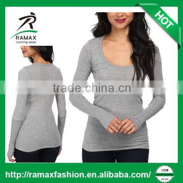 Ramax Custom Women Compression Rib Long Sleeve Scoop Neck Tee Shirts Top
