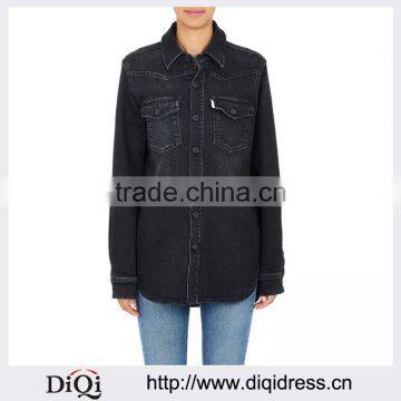 Customized Wholesale Lady's Apparel Diagonal-striped Back-Embroidered Appliqued Denim Shirt(DQM012T)