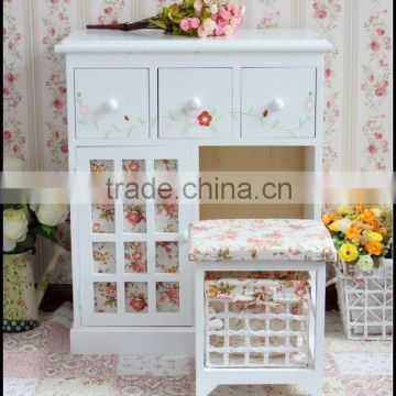 Wooden antique dressing table with mirror and ottoman stool