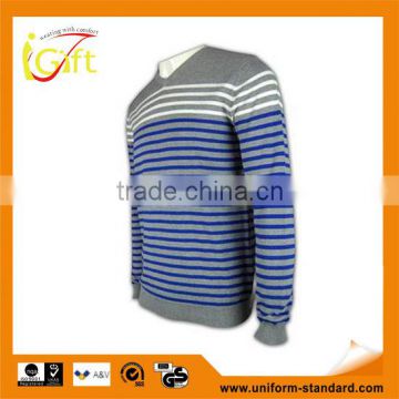 ISO9001/BSCI Manufature blue v-neck striped design wool sweater