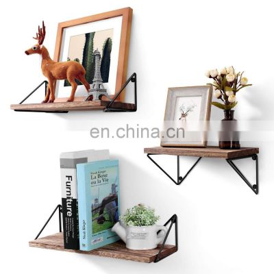 Floating Mounted Set of 3 Rustic Wood Wall Shelves for Living Room