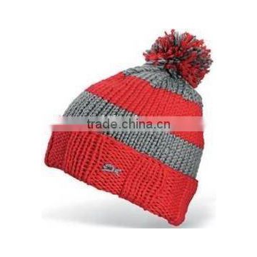 stripe knitted cuff hat with pompom