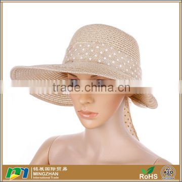 Women's cream sun protection wide brimmed summer straw hat with wind lanyard