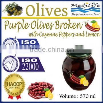 High Quality 100% Tunisian Table Olives,Purple Olives Broken with Cayenne Peppers and Lemon, Purple Olives 370 ml Glass Jar