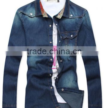 Mens jeans shirt blue new fashion shirt long sleeve slim shirt with snap button P02