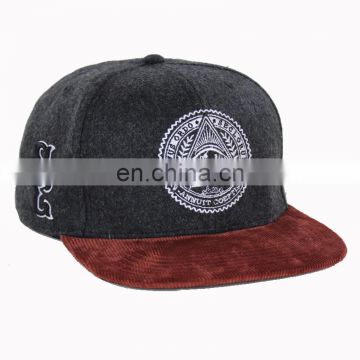wholesale custom made corduroy brim snap back hat/wool fabric snapback cap