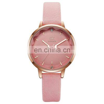 SHENGKE Elegant Lady Watch Diamond Cutting Glass Diamond Index Dial Soft Leather Band Japanese Quartz Movement K8030L