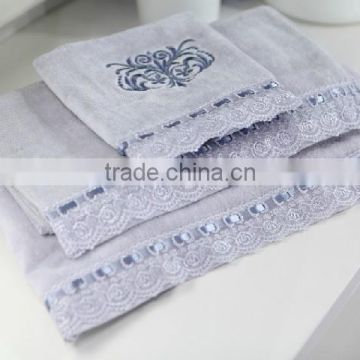 china manufaturer high quality 100% cotton embroidery silk ribbion lace soft towel set