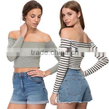 Sexy Womens Off-The-Shoulder Slash Neck Long Sleeves Knit Crop Summer Top OEM ODM Type Clothing Factory Manufacturer Guangzhou
