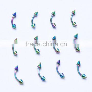 Titanium Anodized (Colored) Steel Spike Cone ends on steel Curve - Gauge 18G Post length Various from 8/10/12/14mm- Eyebrow Ring