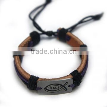 alloy+rope(6 color mixed)+leather,catholic rosary fish bracelet