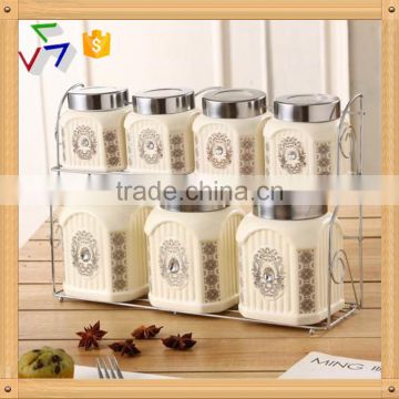 kitchen ceramic canister set storage jar with stainless metal lid & stand