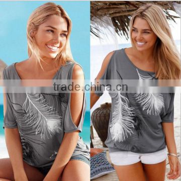 Europe and the United States the new feather printed off-the-shoulder round collar big yards