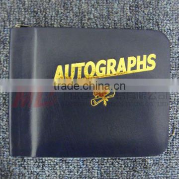 Navy Blue Zipper Closed Leatherette Autograph Book with Golden Stamping