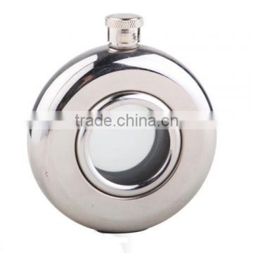 special round hip flask with glass mirror