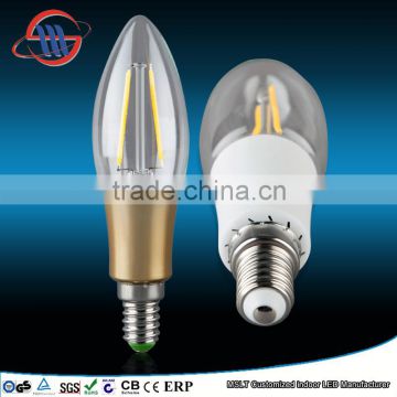 Mingshuai Chandelier LED filament bulb candelebra C35 with plastic gold plated 2W E14 dimmable