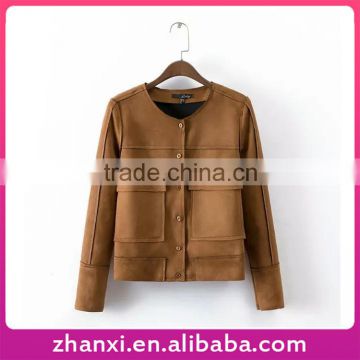 Fashion lady pocket long sleeve women wholesale suede leather custom jacket outwear