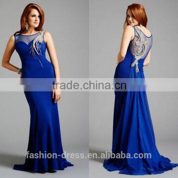 New Arrival Beaded See Through Back Fishtail Royal Blue Evening Dress With Detachable Train