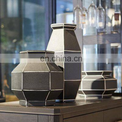 Creative Nordic Minimalist Home Decorative Hand Painted Craft Matte Ceramic Vase with Geometric Design