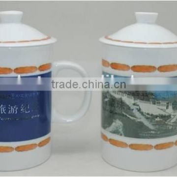 ECO white color ceramic mug with handle and lid