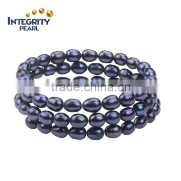 6mm AA rice shape peacock dyed color triple rows black freshwater pearl bracelet