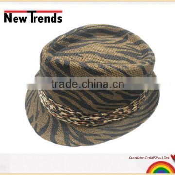 Brown and black zebra printing man straw fedora hat with leopard ribbon