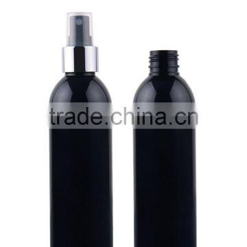 Custome black plastic bottle cosmetic 250ml plastic spray bottle with shiny silver spray