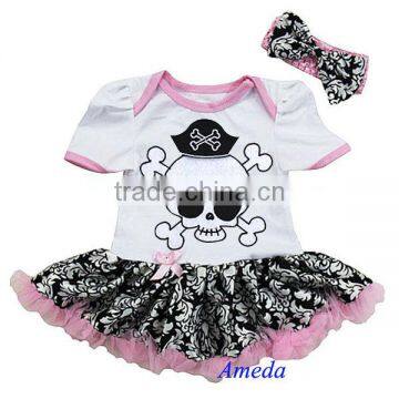 Baby White Light Pink Pirate Damask Bodaysuit Pettiskirt and Headband 0-18M