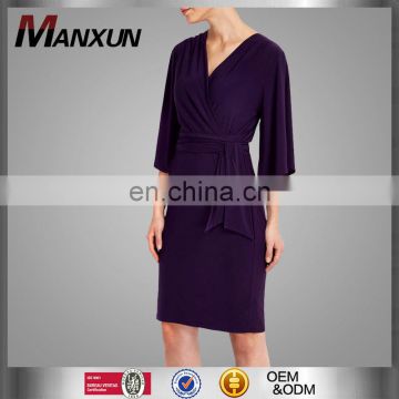 Purple 100% polyester v-neck flare 3/4 sleeve sexy prom wrap dress