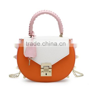 Fashion orange leather tote bags best quality metal lock handbag for ladies