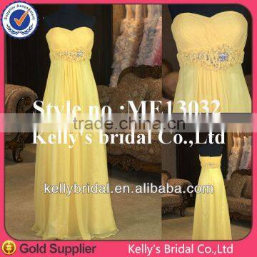 newest sweetheart neckline flower beaded belt yellow evening dress