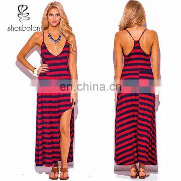 2015 latest new casual dress designs navy glue wine red stripe deep V neck high low slit summer maxi sun dress