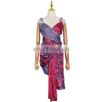 TWOTWINSTYLE  Patchwork Print Dress For Women V Neck Sleeveless High Waist Irregular