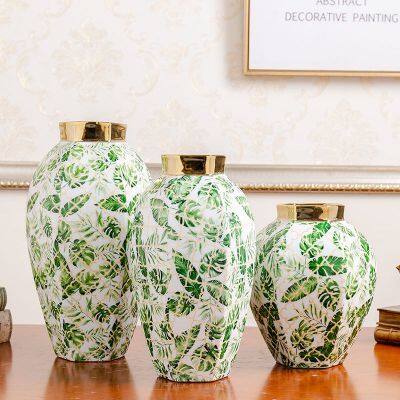 Fashion European Style Green Leaf Electroplate Gild Ceramic Flower Vase For Hallway Decor