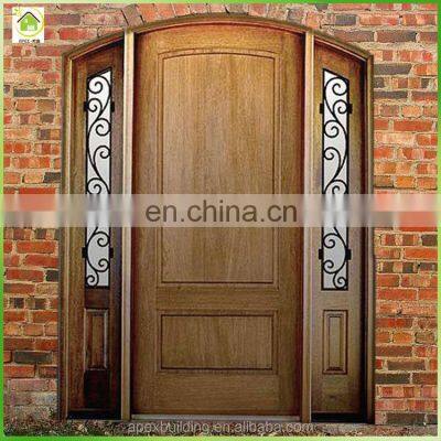 Antique flat solid wood arch main doors design with 2 sidelights